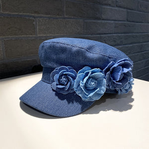 Denim Flat-top Cap Women's Three-dimensional Contrast Color Flowers