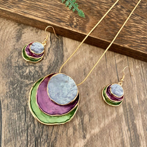 Color Painting Oil Three-layer Ring Hollow Pendant Earrings And Necklace Set for Occasions