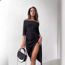 Load image into Gallery viewer, Women&#39;s Off-neck Long Sleeve Waist Slit Dress