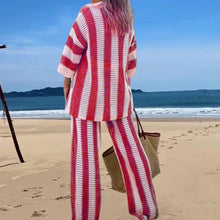 Charger l&#39;image dans la galerie, European And American Leisure Fashion Ladies V-neck Hollow Striped Shirt Loose Knitted Wide Leg Suit