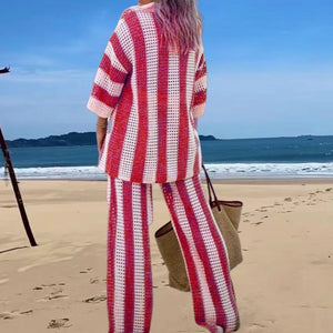 European And American Leisure Fashion Ladies V-neck Hollow Striped Shirt Loose Knitted Wide Leg Suit