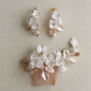 Porcelain Hair Comb Earring Set White Flowers