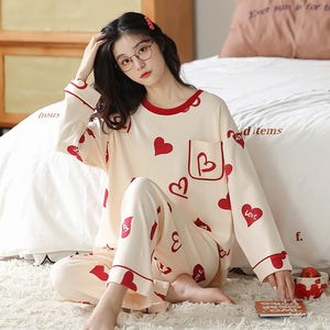 Loose Print Pajamas Women Autumn Winter Pyjama Set Long Sleeves