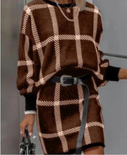 Laden Sie das Bild in den Galerie-Viewer, Large Plaid Pullover Long Sleeve Woolen Skirt Suit Two-piece Set