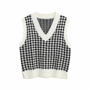 Houndstooth knitted vest vest