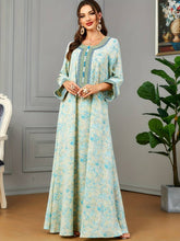 Charger l&#39;image dans la galerie, Allover Print Embroidered Abbaya, Elegant Button Decor Maxi