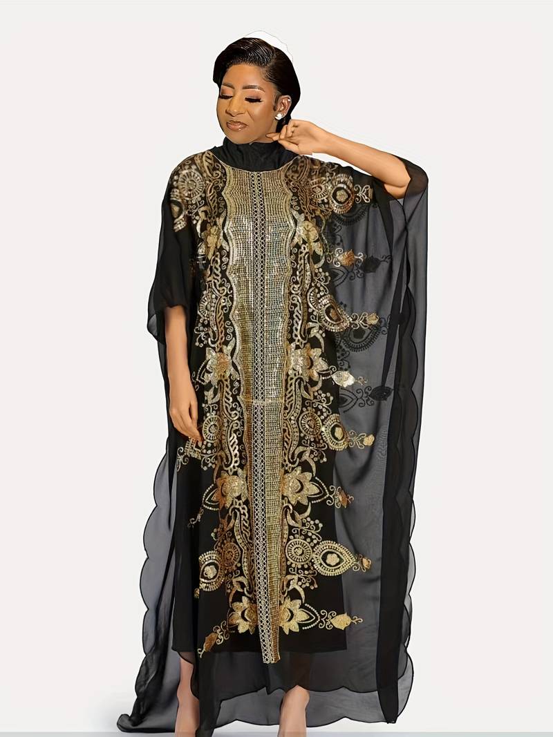 Plus Size Elegant Abbaya, African Sequin Embroidered Translucent Dashiki