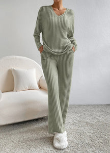 Fashion Solid Striped Suit V-neck Long-sleeved Top And Casual Straight Pants Loose Temperament