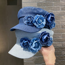 Charger l&#39;image dans la galerie, Denim Flat-top Cap Women&#39;s Three-dimensional Contrast Color Flowers