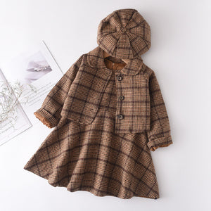 Kids Three-piece Suit Of Woolen New Vest Skirt Coat Beret