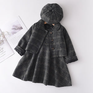 Kids Three-piece Suit Of Woolen New Vest Skirt Coat Beret