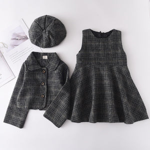 Kids Three-piece Suit Of Woolen New Vest Skirt Coat Beret