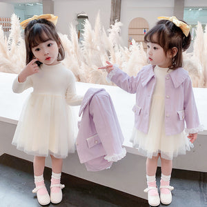 Girls Long Sleeve Coat Princess Dress Two-piece Suit