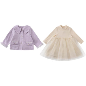 Girls Long Sleeve Coat Princess Dress Two-piece Suit