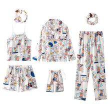 Load image into Gallery viewer, Seven-Piece Pajamas Simulation Silk Long-Sleeved Cardigan Set