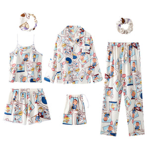 Seven-Piece Pajamas Simulation Silk Long-Sleeved Cardigan Set