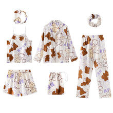 Load image into Gallery viewer, Seven-Piece Pajamas Simulation Silk Long-Sleeved Cardigan Set