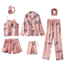 Load image into Gallery viewer, Seven-Piece Pajamas Simulation Silk Long-Sleeved Cardigan Set