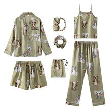 Load image into Gallery viewer, Seven-Piece Pajamas Simulation Silk Long-Sleeved Cardigan Set