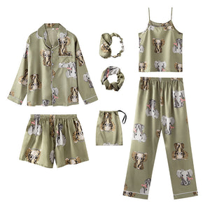 Seven-Piece Pajamas Simulation Silk Long-Sleeved Cardigan Set