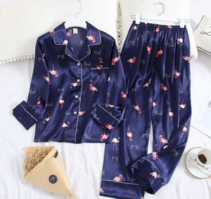 Long-Sleeved Pajamas Set Ice Silk Long-Sleeved Trousers Printed Polka Dot Two-Piece Suit