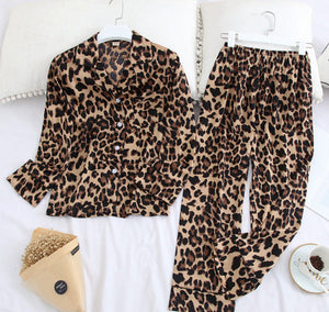 Long-Sleeved Pajamas Set Ice Silk Long-Sleeved Trousers Printed Polka Dot Two-Piece Suit