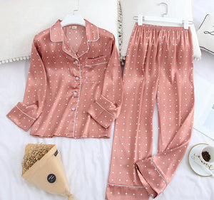 Long-Sleeved Pajamas Set Ice Silk Long-Sleeved Trousers Printed Polka Dot Two-Piece Suit