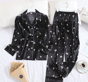 Long-Sleeved Pajamas Set Ice Silk Long-Sleeved Trousers Printed Polka Dot Two-Piece Suit