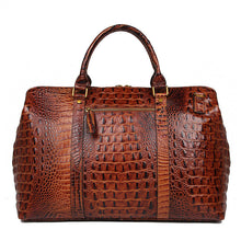 Cargar imagen en el visor de la galería, Brown Croc Print Real Leather Duffle Bag For Weekend Traveling