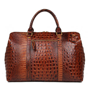 Brown Croc Print Real Leather Duffle Bag For Weekend Traveling