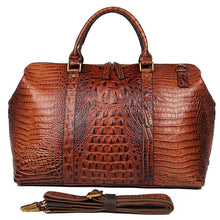 Cargar imagen en el visor de la galería, Brown Croc Print Real Leather Duffle Bag For Weekend Traveling