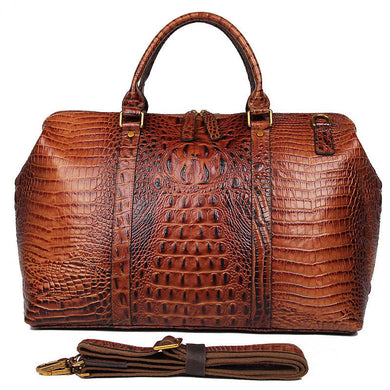 Brown Croc Print Real Leather Duffle Bag For Weekend Traveling