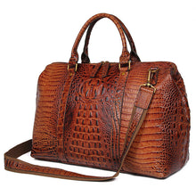 Cargar imagen en el visor de la galería, Brown Croc Print Real Leather Duffle Bag For Weekend Traveling