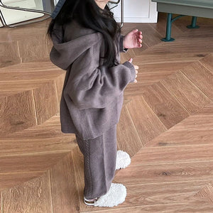 Girl's Sweater Cardigan Hooded Coat & Trousers Suit