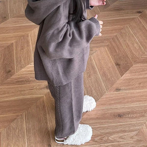 Girl's Sweater Cardigan Hooded Coat & Trousers Suit