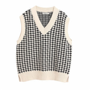 Houndstooth knitted vest vest