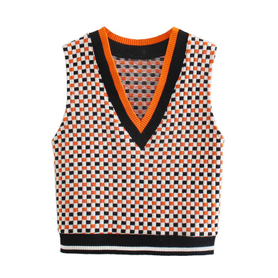 Patchwork Retro Check Vest Vest Sweater