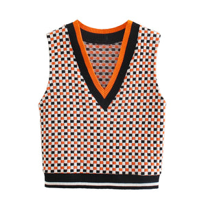Patchwork Retro Check Vest Vest Sweater