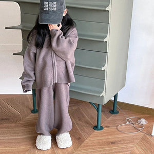 Girl's Sweater Cardigan Hooded Coat & Trousers Suit