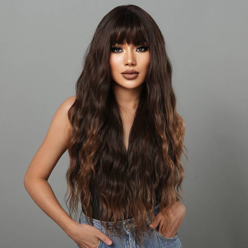 Wig Women's Mid-Length Brown Long Curly Hair Wig With Bangs Fluffy Wavy