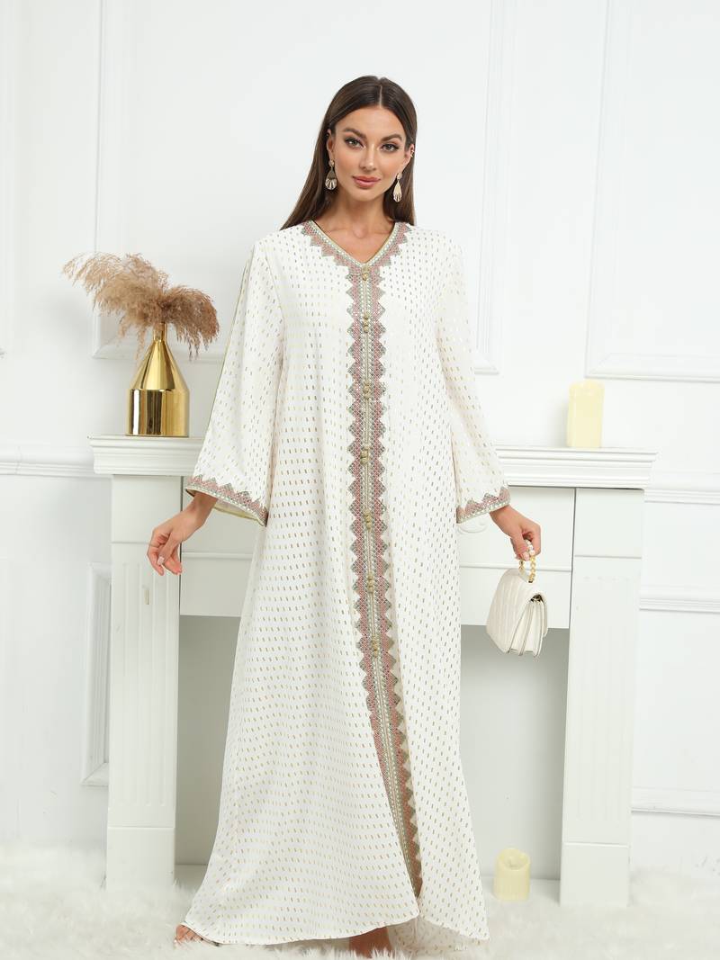 Bronzing V Neck Abbaya Kaftan Dress, Elegant Ankle Length Love Sleeve