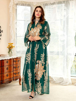 Embroidered Flower V-neck Abbaya, Elegant Long Sleeve Maxi