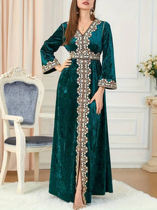 Embroidered Kaftan Dress, Elegant V Neck Long Sleeve Abbaya