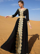 Charger l&#39;image dans la galerie, Lace Embroidered Tie Waist Abbaya, Elegant V-neck Contrast Trim Maxi Length Kaftan