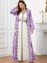 Charger l&#39;image dans la galerie, Elegant Two-piece Abbaya Set, All over Print Open Front Coverup &amp; Embroidered V-neck Maxi