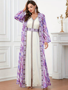 Elegant Two-piece Abbaya Set, All over Print Open Front Coverup & Embroidered V-neck Maxi