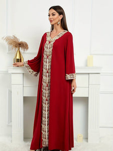 Graphic Print Button Decor abbaya , Elegant V-neck Maxi Kaftan