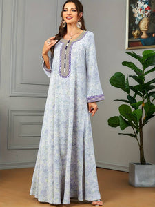 Allover Print Embroidered Abbaya, Elegant Button Decor Maxi