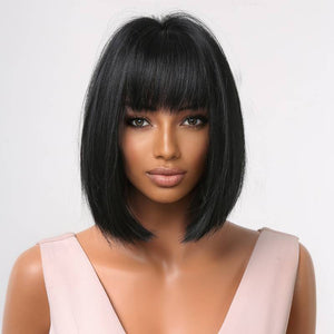 Short Bob Straight Black Wigs For Women With Bangs Heat Resistant