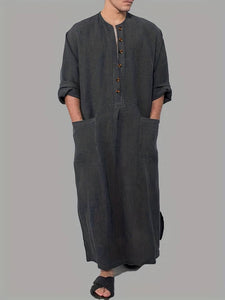 Men Side Slit Long Sleeve Thobe Middle East Saudi Arab Kaftan